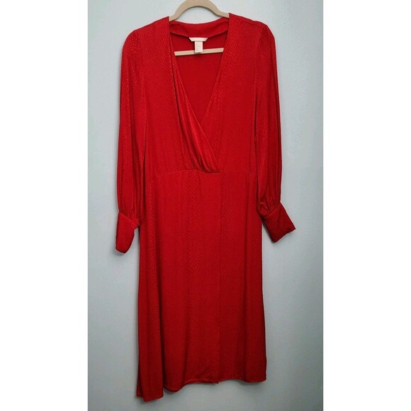 H&M Dress Womens 6 Red V Neck Midi Wrap Cocktail Jacquard Snakeskin Holidays S - Picture 1 of 8